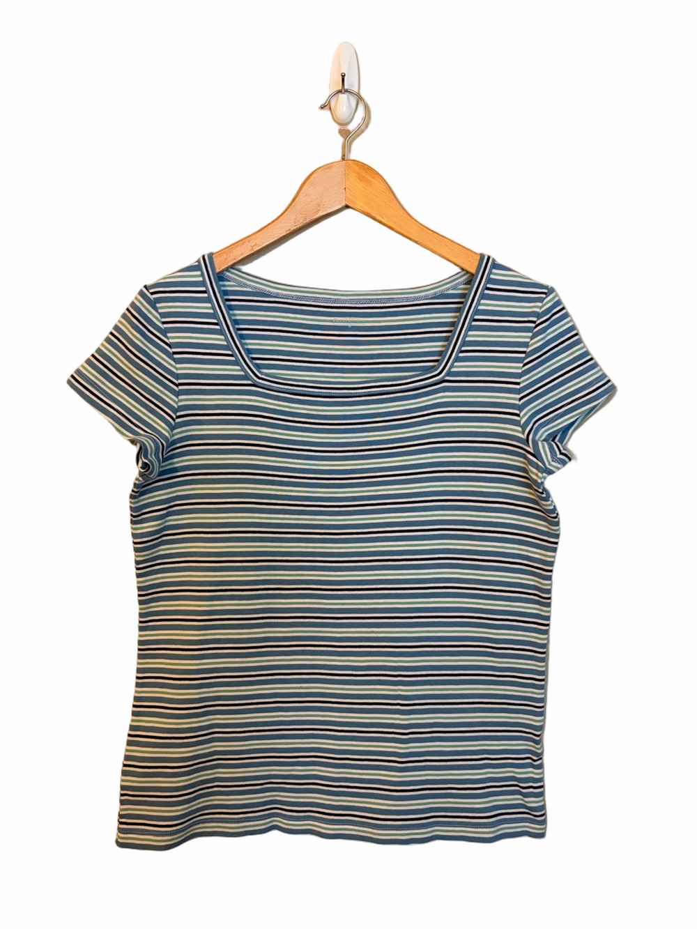 Northern Reflections Cotton Striped Square-Neck Short Sleeve Top - Blue & White